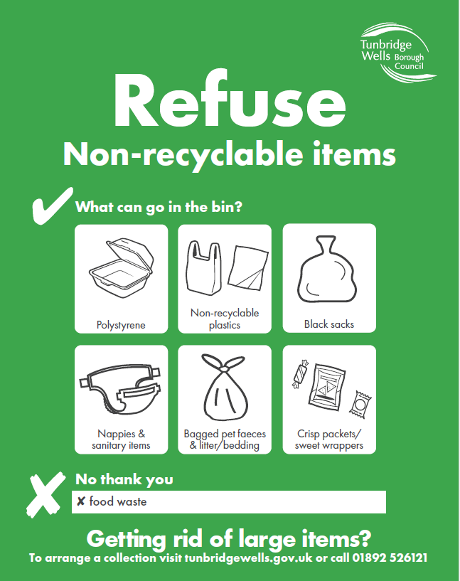 Example of the sticker which is placed on refuse bins confirming what can and cannot be disposed off.