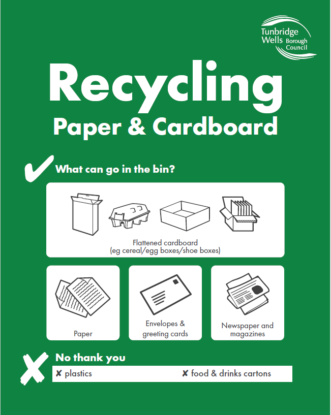 Example of sticker placed on paper and card recycling bins confirming what can and can't be recycled