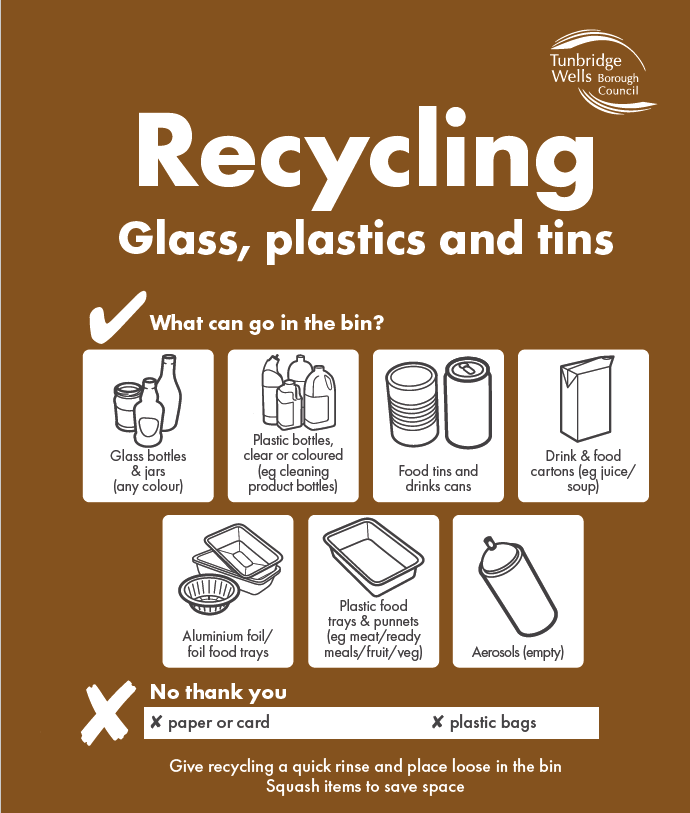 Example of sticker placed on glass, plastics and tins recycling bins confirming what can and can't be recycled