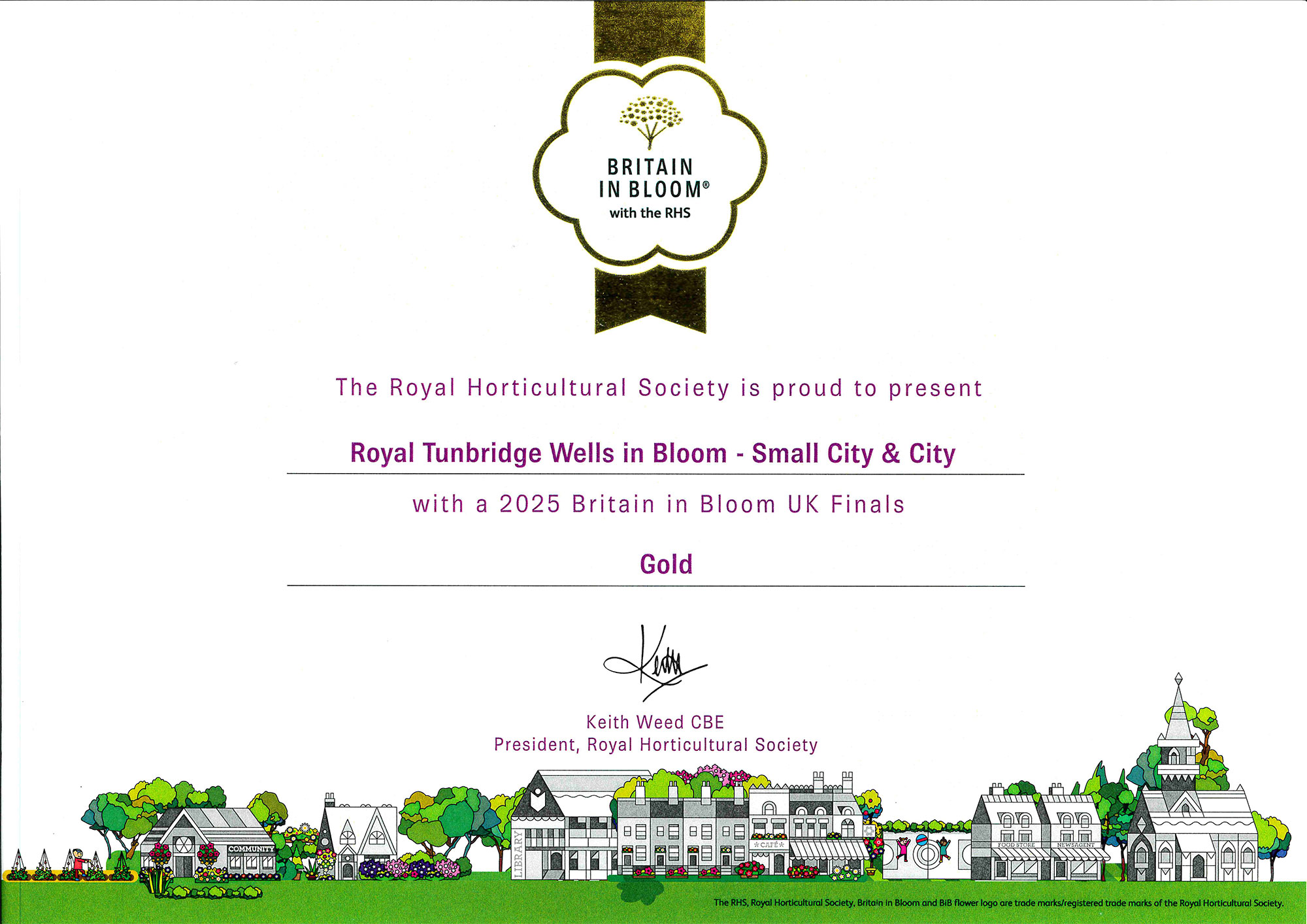 The Royal Horticultural Society is proud to present Royal Tunbridge Wells in Bloom - Small City & City with a 2025 Britain in Bloom UK Finals Gold