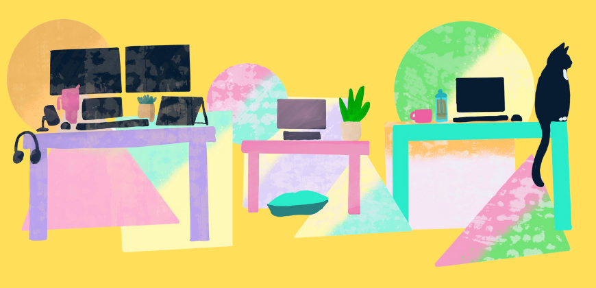 Illustration showing desks, computers and a black and white cat