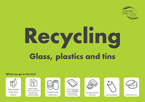 Sticker showing which items can go in the recycling bin